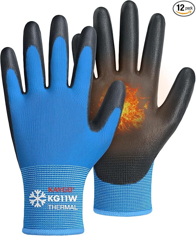 KAYGO 12 Pairs Winter Work Gloves for Men and Women, Thermal Insulated Safety Work Gloves PU Coated, Super Grip,Ideal for Freezer Work,Blue,S