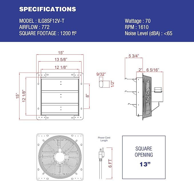 iLIVING 12" Wall Mounted Shutter Exhaust Thermostat Control-3 Speeds Vent Fan For Home Attic, Shed, or Garage Ventilation, 960 CFM, 1200 SQF Coverage Area, Variable, Silver