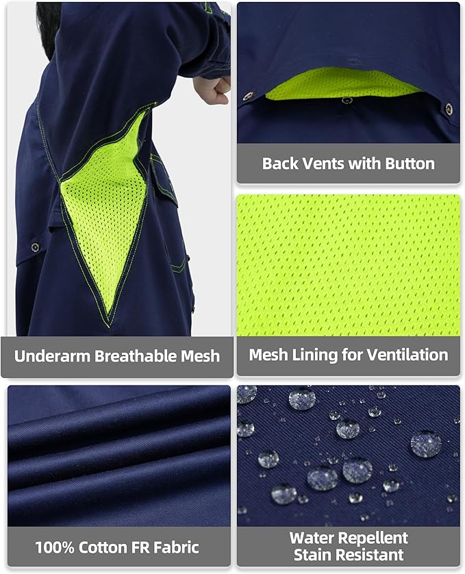 BOCOMAL FR Shirt for Summer Lightweight Vented Mesh Back and Underarm Breathable Flame Resistant Welding Button Down Shirts