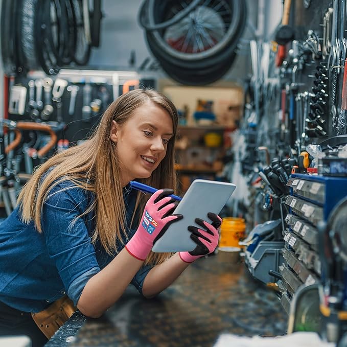 KAYGO Work Gloves PU Coated for Men and Women, 12 Pairs Safety Work Gloves with Two Fingers Touchscreen, Breathable and Lightweight,Ideal for Light Warehouse, Manufacturing, Gardening, KG11P (L,Pink)
