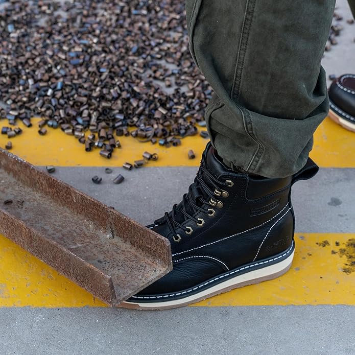 Moc Toe Work Boots for Men Waterproof Soft/Steel Toe Comfortable Full Grain Leather Non Slip Wedge Outsole Construction 6" Workboots