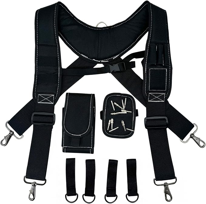 Tool Belt Suspenders for Work Belt Heavy Duty Padded with Magnetic WristBand Attachment Loops for Men
