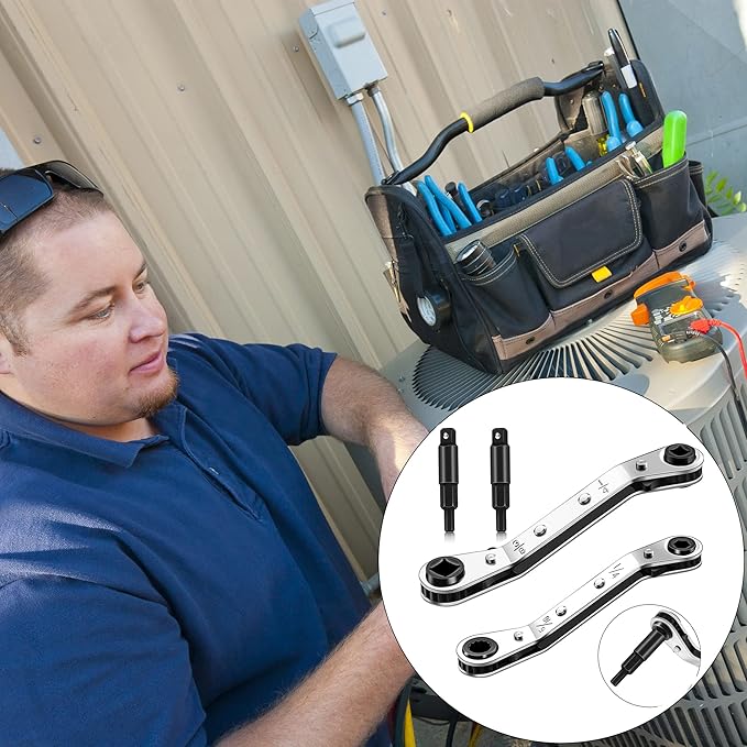Hvac Service Wrench Tools:3/16” to 3/8” 5/16'' x 1/4''Air Conditioner Valve Ratchet Wrench with 2 Hexagon Bit Adapter Kit for Air Refrigeration and Equipment Repair Tools Clearance