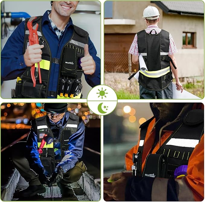 MELOTOUGH Tool Vest Safety Work Vest with Adjustable Straps,Removable Phone Holder for Electrician,Construction,Carpenters