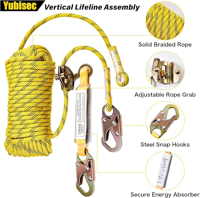 Rope Harness Safety Lanyard 50FT, Vertical Lifeline Assembly with Grab Snap Hooks Shock Absorber, Fall Protection Tree Climbing Lifeline Kit, Heavy Duty Roof Safety Equipment ANSI CE