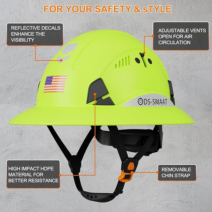 Full Brim Hard Hat ANSI Z89.1 Type 1 & OSHA Certified Safety Helmet with Glasses and Cooling Towel,with 6-Point Suspension & Adjustable Vents