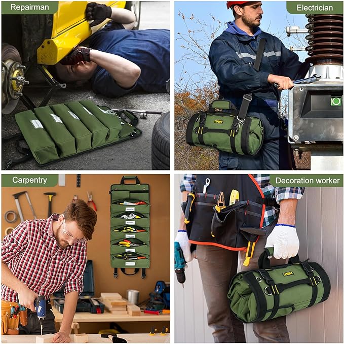 Tool Bag,Large Roll Up Tool Bag Organizer,13 Pockets Tool Roll Storage Pouch,Heavy Duty Portable Tool Storage Carrier Bag for Men,Mechanic,Electrician,Valentines Day Gifts for Men,Green
