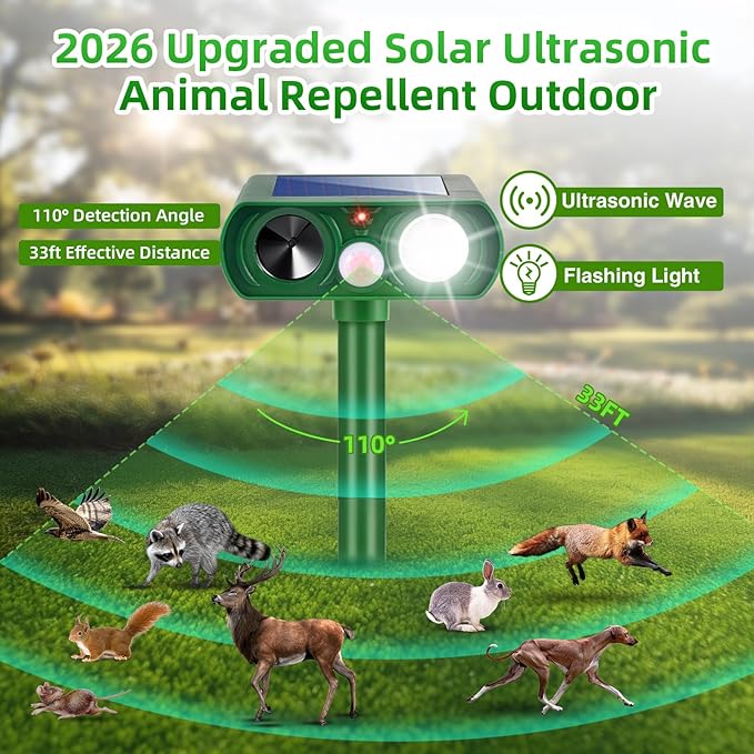 2026 Upgraded Solar Ultrasonic Animal Repellent Cat Deterrent Outdoor Deer Repellent Devices Motion Detection Strobe Light,Waterproof Squirrel Skunk Raccoon Dog Rabbit Deterrent for Garden Yard,2 Pack