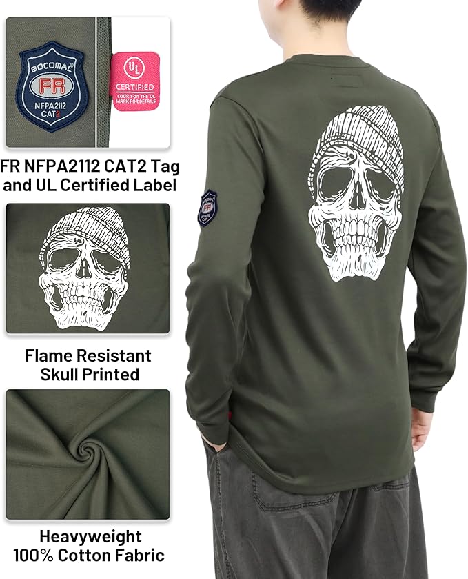 BOCOMAL FR Shirts Crewneck 7oz Midweight Flame Resistant Clothing NFPA2112 CAT2 Men's Fire Retardant Work Shirt