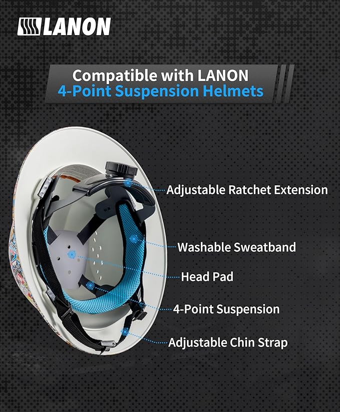 LANON 4-Point Hard Hat Replacement Ratchet Suspension, Standard Size, Newly Upgraded Moisture Wicking Sweat Band, OSHA & ANSI, Compatible with LANON Hard Hats Only