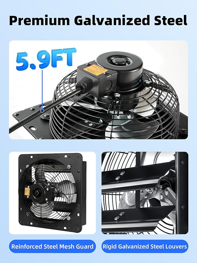10 Inch Shutter Exhaust Fan, 890 CFM High-Speed Wall Mounted Exhaust Fan, 45dB Quiet Cooling Ventilation Attic Fan for Shed, Garage, Greenhouse, Basement, Chicken Coop, Generator Room, Black