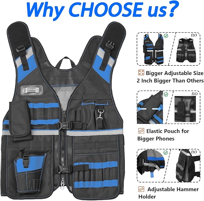 Electrician Tool Vest for Men, Reflective Safety Work Vest with Adjustable Thick Straps, Removable Phone Holder for Electrical, Carpenters, Construction, 22 Pockets.Blue