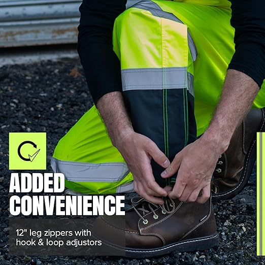 Pioneer Hi Vis Ripstop Waterproof Bib Pants/Overalls for Men - Reflective Safety Work Rain Pants - High Visibility Yellow