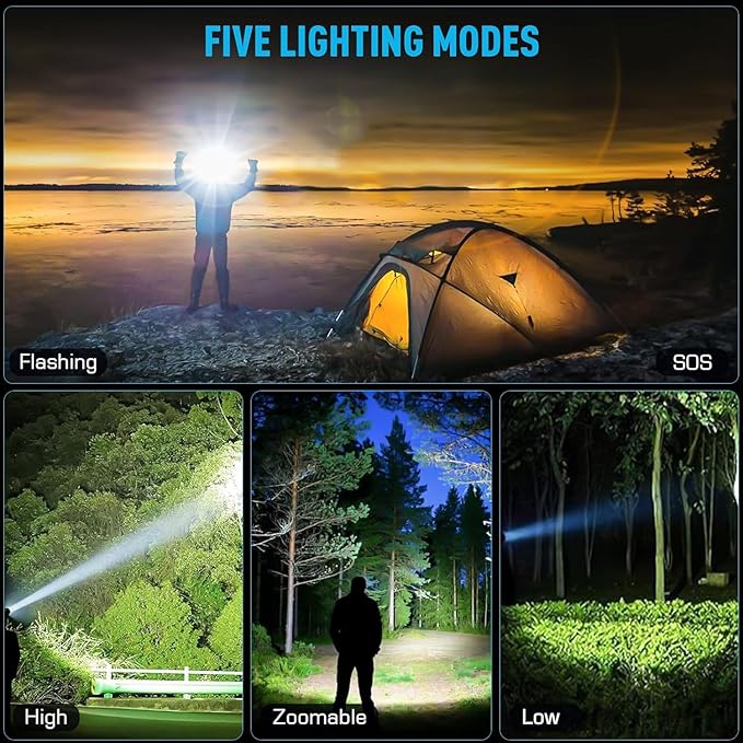 Headlamp 5000 LUMENS LED Rechargeable Head Lamps, Zoomable Headlight with 5 Modes & IPX7 Waterproof, 120° Adjustable Head Lights for Forehead for Outdoor, Camping, Hard Hat, Hunting,Fathers Day Gift