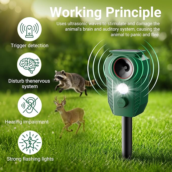 2026 Upgraded Solar Powered Animal Repeller 4 Packs, Ultrasonic Solar Powered Deer Repellent for Outdoor Yard Lawn Repel Coyote Raccoon Cat Deterrent with Motion Sensor & Flashing Light