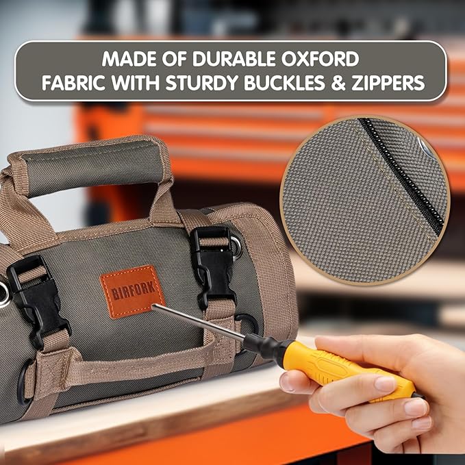 Roll Up Tool Bag, Heavy Duty Portable Tool Organizer with 2 Detachable Pouches and 4 Compartments, Water-Resistant Canvas Tool Roll for Car Garage Electrician Mechanic Handyman (Army Green)