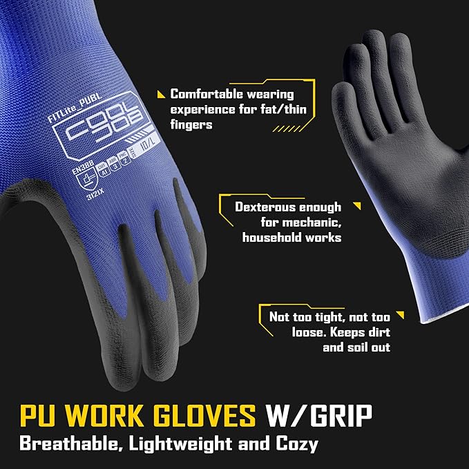 COOLJOB 12/60 Pairs Safety Work Gloves Pack Bulk with Grip PU Coating, 13 Gauge Seamless Knit Gloves with Polyurethane Dipped for Warehouse Working, Breathable Lightweight for Men Women, Blue Large