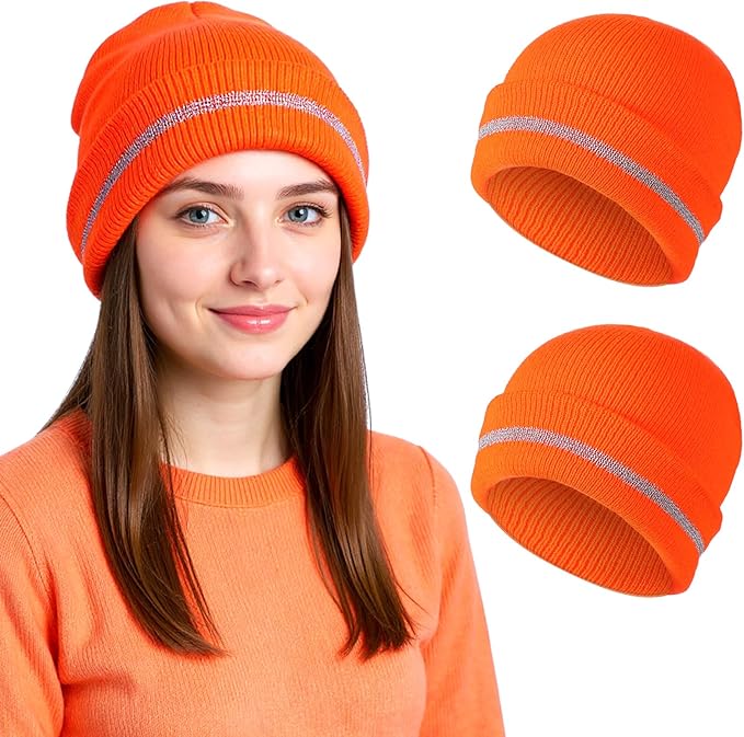 2Pcs Reflective Orange Beanie Unisex, Reflective Winter Hat for Work Running, Safety Beanies Hats Men, Warm and Cozy Knit Cap Headwear