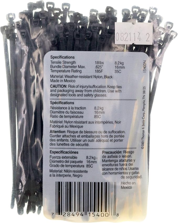 Thomas & Betts 15400C Indoor/Outdoor Cable Ties, UV Resistant, Black, 4-Inch (100-Pack)