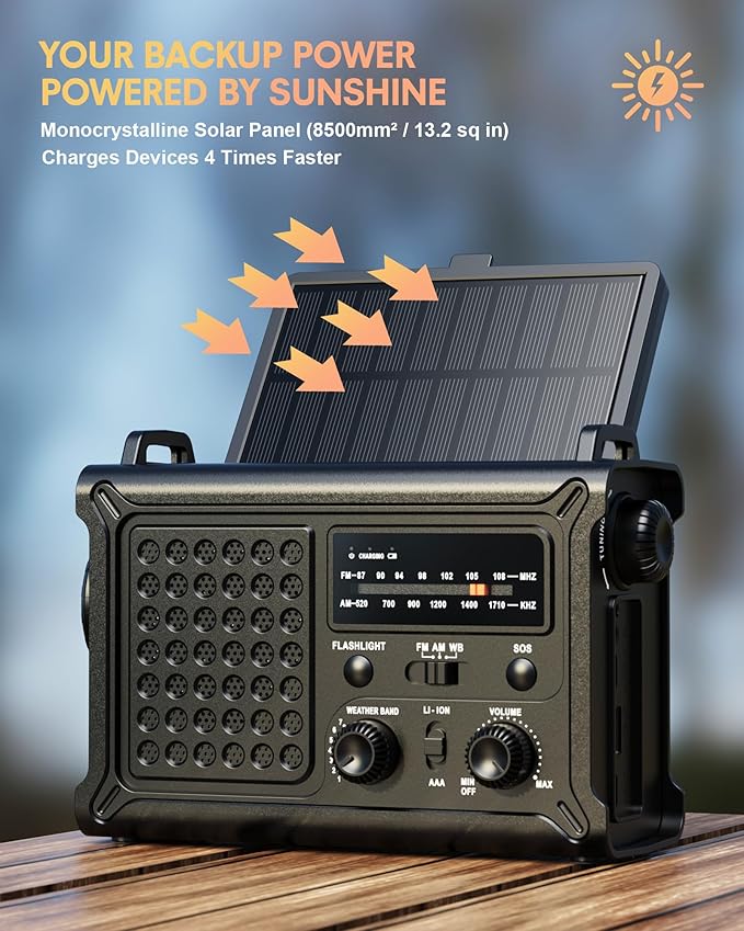 OnLyee Emergency Radio, Hand Crank & Solar Powered NOAA Weather Radio, 12000mAh Power Bank, AM/FM, LED Flashlight & Reading Lamp for Hurricane, Blizzard, Power Outage, Outdoor Camping, Survival Gear