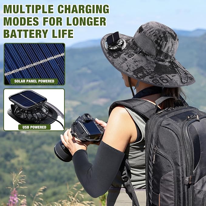 Syhood Solar Powered Fan Hat with Arm Sleeves Neck Gaiter for Men Women Outdoor Wide Brim Bucket Hat with Fan for Hiking