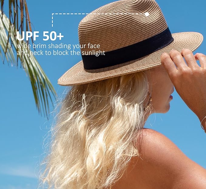 Joywant Womens Straw Fedora Beach Sun Hat, Packable Wide Brim Panama Hat for Women UV UPF50+ Summer Hat