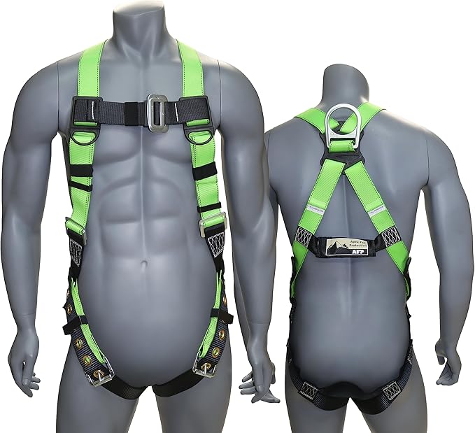 AFP Universal Full-Body Safety Harness w/Dorsal D-Ring Tongue Buckle Legs High-Viz Green, Shock Absorbing Lanyard (OSHA/ANSI)