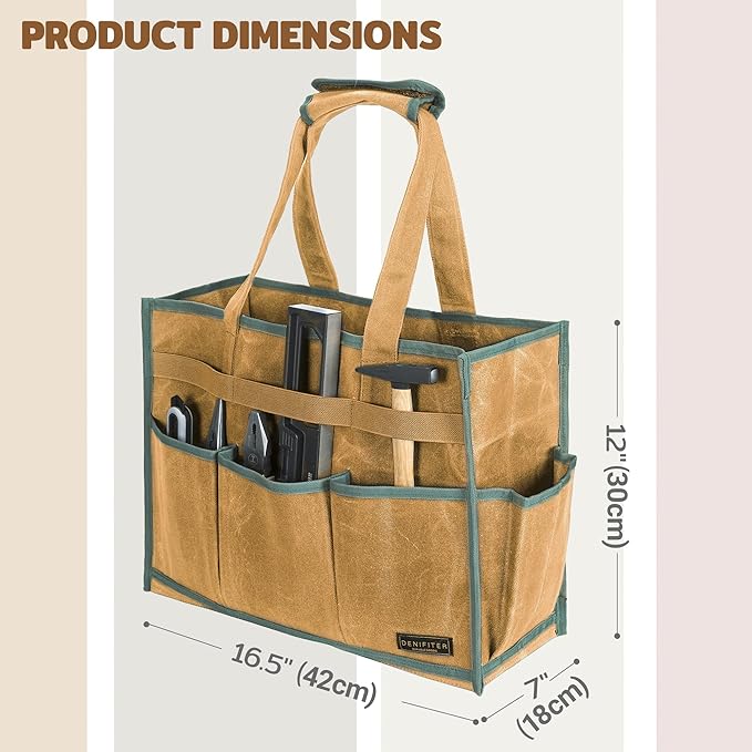 Heavy-Duty Waxed Canvas Tool Tote Bag – Large Capacity Tool Organizer with 14 External Pockets & Padded Handle | Durable Storage Tote for Contractors, Electricians & DIY (16.5" x 7" x 12", Khaki)