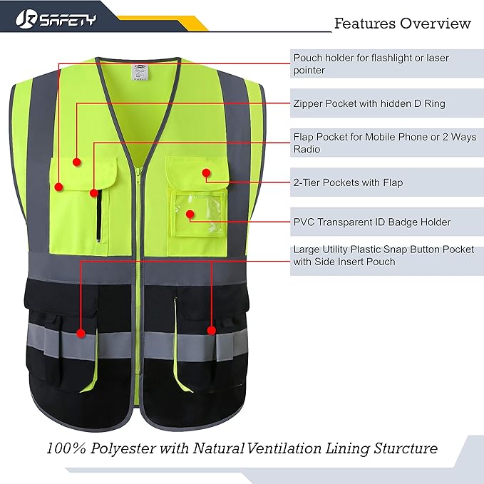 JKSafety 7 Pockets High Visibility Zipper Front Safety Vest With Reflective Strips.Meets ANSI/ISEA Standards (130-Yellow-Black XL)