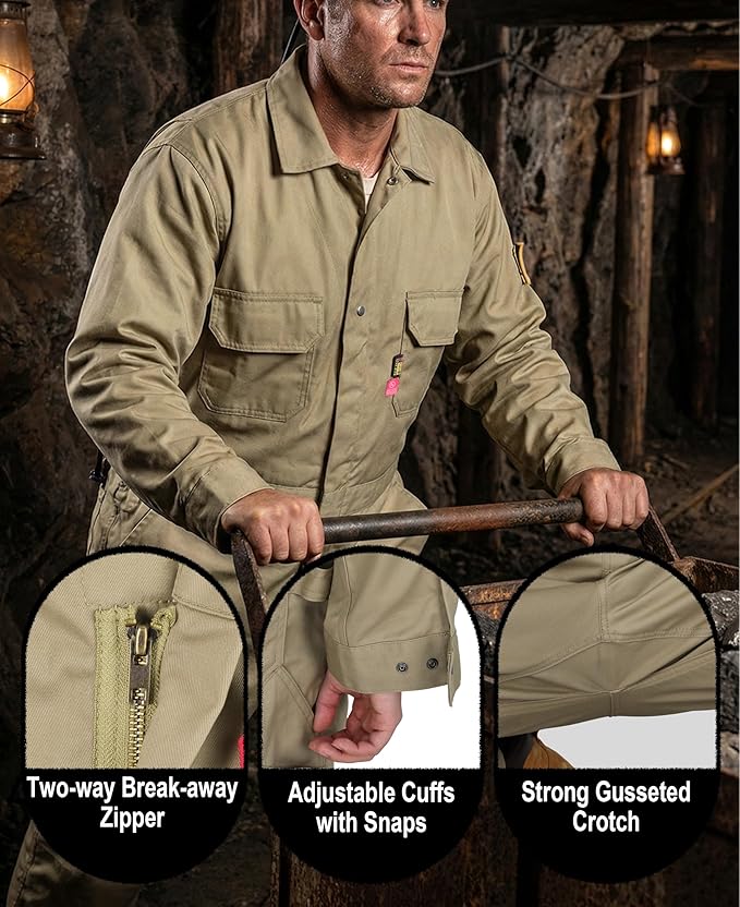 BOCOMAL FR Coveralls Men 7.5oz Cotton Twill Flame Resistant Fire Retardant Work Coverall NFPA 2112 HRC2