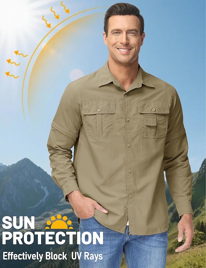 TACVASEN Men's Convertible Long Sleeve Fishing Shirts Lightweight Quick Dry Button Up Tactical Sun Shirts for Safari Hiking