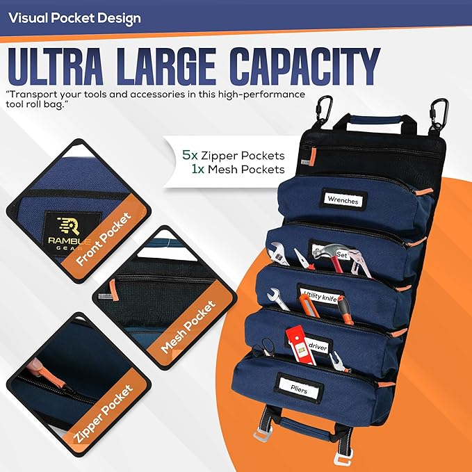 Roll Up Tool Bag Organizer – Heavy Duty Canvas Tool Roll Bag, Tool Roll Up with 5 Oversized Labeled Pockets & Carabiners, Portable Roll Up Tool Organizer for Mechanic, Truck & Car (Blue)