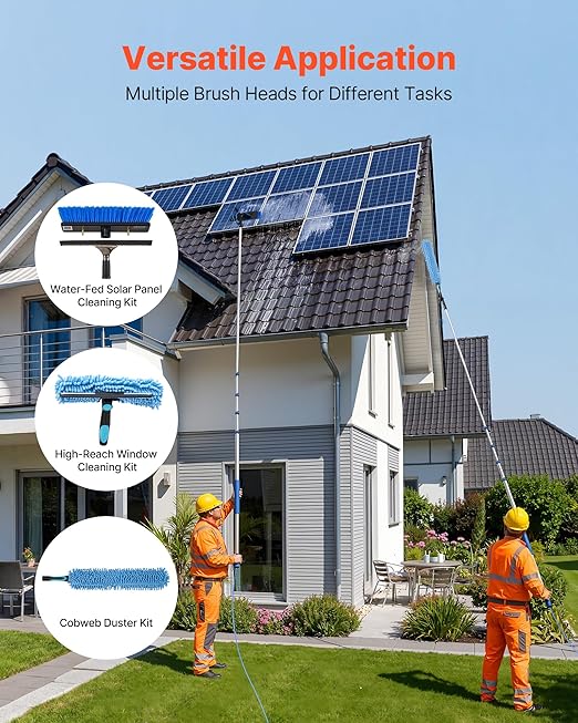 VEVOR Solar Panel Cleaning Kit, 24 ft, Water Fed Pole Kit with Cleaning Brush, Soap Dispenser, Extendable Aluminum Telescopic Pole, 180° Rotatable Brush Head, for Roof Mounted Solar Panels, Windows