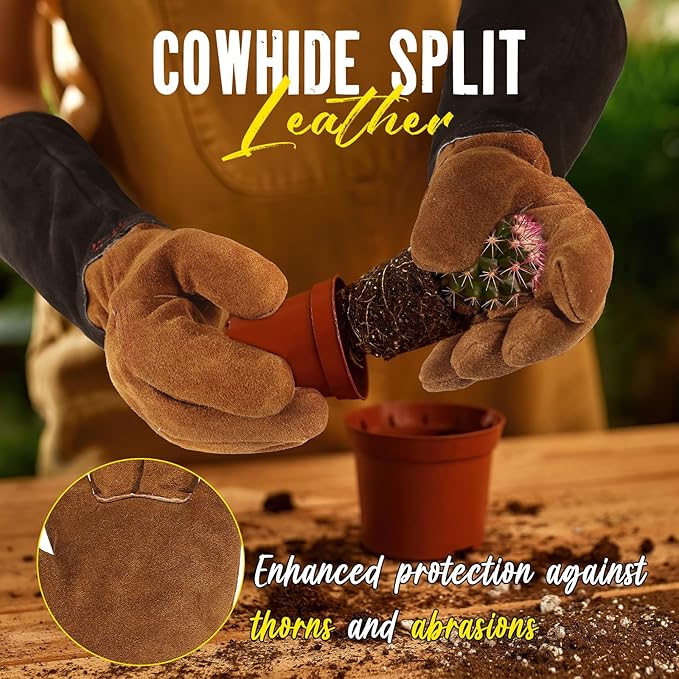 HANDLANDY Leather Gardening Gloves for Men & Women, Rose Pruning Thorn Proof Garden Glove, Long Sleeve Gauntlet Gloves (Caramel Brown, X-Large)