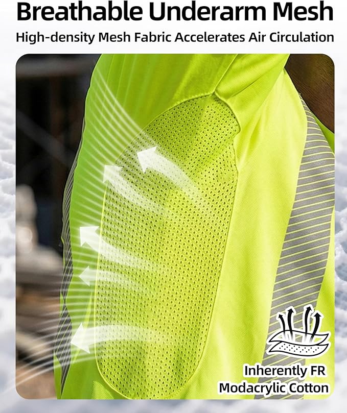 BOCOMAL Reflective FR Shirts High Visibility Summer Vented Mesh Long Sleeve Crewneck Lightweight Flame Resistant Workwear