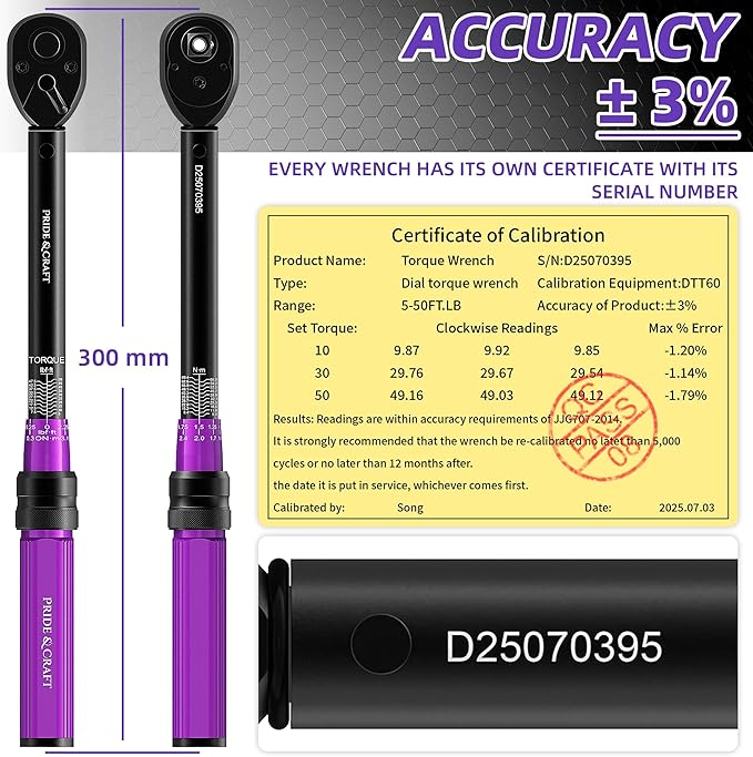 PRIDE&CRAFT 3/8 Inch Drive Click Torque Wrench, 3% High Precision Adjustable Dual Direction, 72-Tooth, 5-50 lbf.ft/6.8-68 Nm Torque Wrench for Bike, Motorcycle and Car Repair, Purple Black