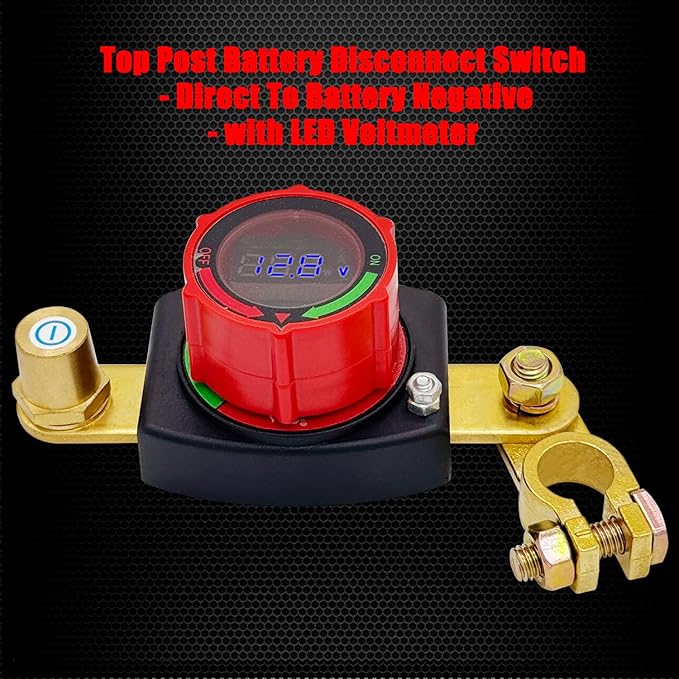 Ampper Battery Disconnect Switch with Voltmeter, 12-48V Battery Cut Off ON/Off Shut Off Switch W/Negative Terminal for Car, RV and More (Top Post Negative)