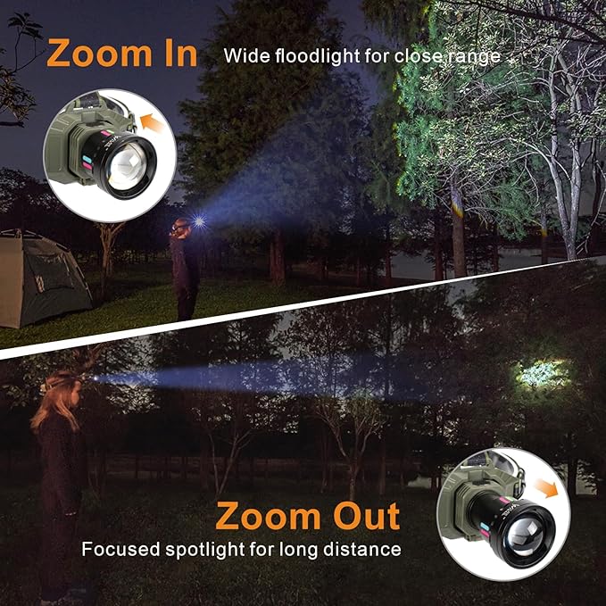Rechargeable LED Headlamp, 2000LM Super Bright Head Lamp with Zoomable Lens, Tactical Hard Hat Light with Rear Safety Light, Waterproof for Camping, Running