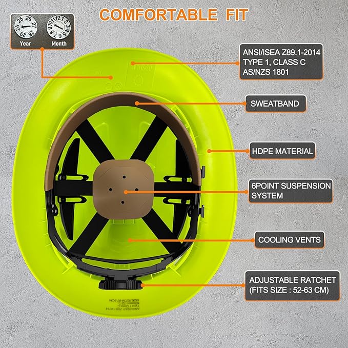 Full Brim Hard Hat ANSI Z89.1 Type 1 & OSHA Certified Safety Helmet with Glasses and Cooling Towel,with 6-Point Suspension & Adjustable Vents
