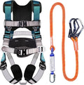 Fall Protection Premium Safety Harness with Shock Absorbing Lanyard, Vented & Padded Shoulder, Legs & Back - Upgrade 4 Quick Buckles (Dark Green)