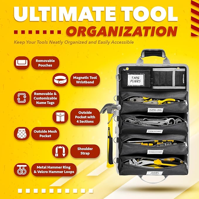 Updated Tool Roll Up Tool Bag Organizer, Name Tags, Advansed Features, Heavy Duty Tool Roll Bag Organizer, Mens Gifts For Him Motorcycle Mechanic & Electrician LUXADAR (5 Detachable/Wristband)