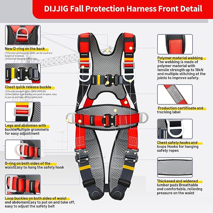 Fall Protection Safety Full Body Harness 5pt Adjustment Safe Comfortable Construction Positioning Harness Extra Long Thick Leg Back Padded Push-Button Quick-Lock Buckles OSHA and ANSI compliant