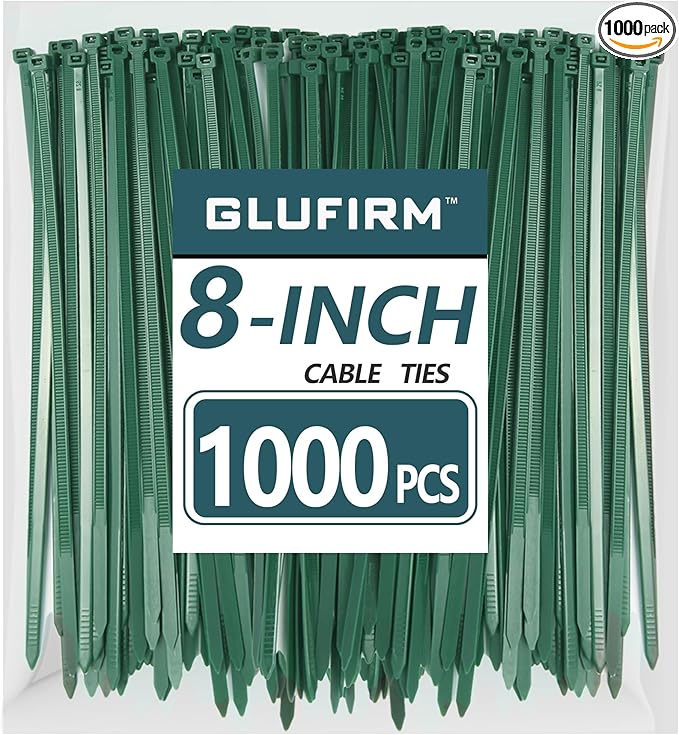 Green Zip Ties 8 inch (1000 Pack), 45lb Tensile Strength, Cable Ties for Indoor and Outdoor Use, UV and Cold Resistant Wire Ties for Home, Garden, Fencing, Glufirm