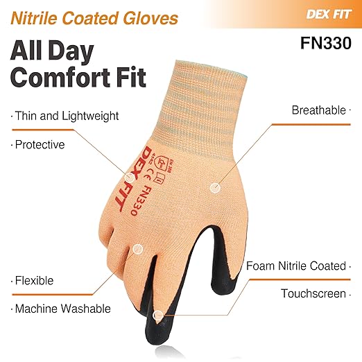 DEX FIT Nitrile Work Gloves FN330, 1 Pair, 3D-Comfort Stretchy Fit, Firm Grip, Thin & Lightweight, Touch-Screen Compatible, Durable, Breathable & Cool, Machine Washable; Orange L (9)