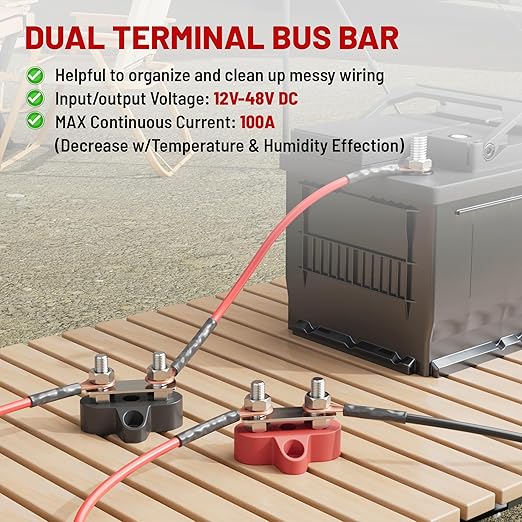 RED WOLF 12V 100A Power Distribution Block 1/4" Dual Stud Busbar M6 Terminal Bus Bar 12 Volt DC Battery Junction Post for Auto Boat Marine Solar System Positive and Negative (2PC)