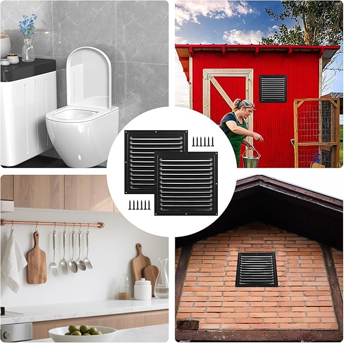 2pcs Attic Vents Gable Vents for Shed Shed Vent Kit with Screen Mesh Square Vent Louvered Vent Grille for Storage Shed Garage Ceiling Exterior Door House Attic (Black,10 x 10 Inch)