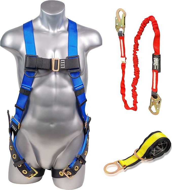 Palmer Safety ATERET Bundle 1D Full Body Safety Harness 6' Safety Lanyard 4' Anchor Strap I OSHA Compliant Arrest Kit I Ideal for Construction & Scaffolding Use