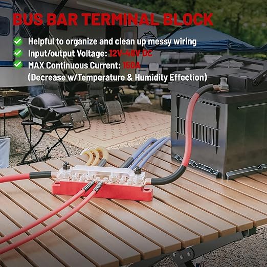 RED WOLF 150A 12V Bus Bar with Cover, 4 x 1/4" (M6) 6 x #8 (M4) Studs Power Distribution Terminal Block 48V DC Car Boat Marine Solar System (Black+Red)