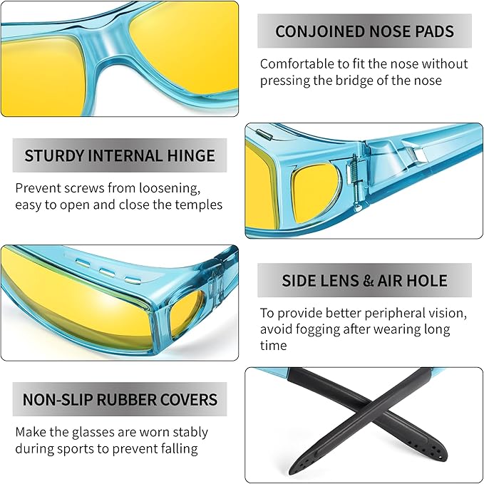 URUMQI Night Vision Driving Glasses Fit Over Eyeglasses for Men Women, Anti Glare Polarized Nighttime Glasses Yellow Lens