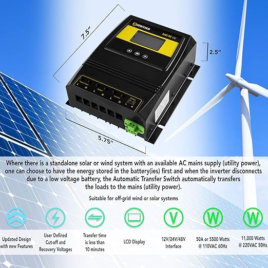 Spartan Power 50A 5500 Watt Automatic Transfer Switch Great for Solar & Wind Off Grid Systems